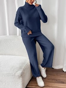 SHEIN 女款百搭高領長袖毛衣與長褲兩件套 - 寶藍色 - 查看 3