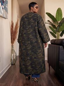 Slaydiva Spring/Autumn New Casual, Music Festival, Street, School, Back To School, Holiday Occasions Item Loose Camouflage Pattern Long Women's Plus Size Jacket-A - Army Green - View 3