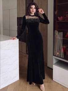 Modelyn French Style Round Neck Lace Patchwork Velvet Mermaid Dress For Women - Black - View 4