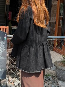 FRIFUL Women's Single-Breasted Long Sleeve Ruffle Hem Denim Jacket - Dark Grey - View 2