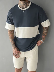 Manfinity Homme تي شيرت رجالي مقاس كبير باللون الأزرق الداكن والبيج، كاجوال مريح، مجموعة ملابس منزلية وعملية للرجال الناضجين - متعدد الألوان - مشاهدة 8
