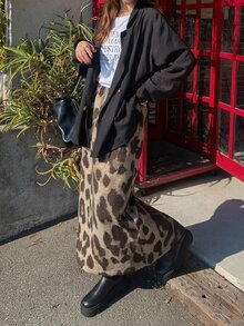 FRIFUL Women's Fashionable Leopard Print Midi Skirt Street Style - Brown - View 2