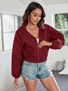 SHEIN Frenchy 秋冬款落肩拉鍊夾克 - 酒紅色 - 查看 5