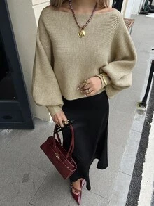 DAZY Sweater Wanita Longgar Kasual Model Bahu Terbuka Lengan Lentera Pendek Warna Khaki, Musim Gugur - Aprikot - View 5