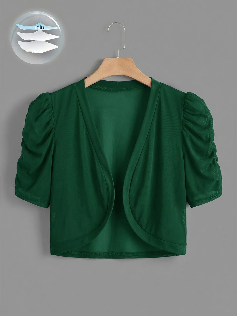 SHEIN Clasi Plus Petal Sleeve Open Front Crop Jacket - Dark Green - View 1