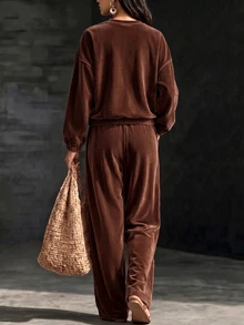 LUMIGAL 2pcs/Set Casual Solid Color Long Sleeve Crew Neck Pullover T-Shirt And Long Pants, Autumn/Winter Outwear - Brown - View 2