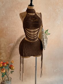 Soleia Vacation Boho Sexy Beach Outfit Women's Clothing St. Patrick's Day Spring Break Easter Music Festival Dark Brown Sweater Two Pieces Set Summer - Coffee Brown - View 5