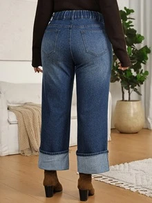 EMERY ROSE Plus Size Casual High-Waisted Straight-Leg Jeans, Comfort-Stretch Plus-Size Denim Pants,Cuffed Jeans,Weekend Outfit,Winter Outfit,Halloween,Christmas - Blue - View 2