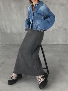 FRIFUL Women's Cable Knit Long Casual Versatile Midi Skirt Fall - Grey - View 7