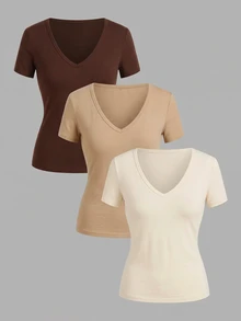 SHEIN EZwear 3件組女款休閒深V領修身短袖T恤，34%棉，夏季服飾，街頭風，適合日常通勤、約會、聚會、秋冬/夏季、派對、婚禮、海灘、畢業典禮，優雅休閒，適合外出、Y2K、音樂節穿搭、度假服飾、返校服裝 - 彩色 - 查看 12