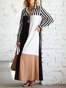SHEIN Casual Commute Minimalist Women's Long Sleeve Striped Multicolor Dress, Autumn/Winter Style, Suitable For Office, Work And Outings - Multicolor - View 5