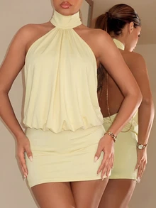 SHEIN ICON 女款純色性感露背掛脖迷你洋裝，適合約會 - 淡黃色 - 查看 5