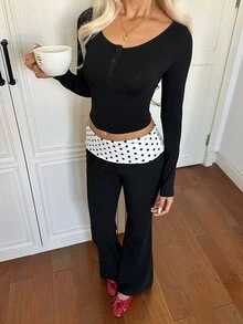CovetEZ Women's Solid Color Long Sleeve Top And Pants Casual Daily 2 Pieces Set - Black and White - View 3