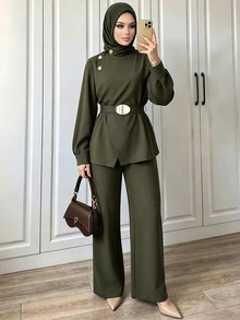 Celisse 女款秋季新款時尚優雅兩件套，時尚夾克搭配寬腿褲套裝 - 軍綠色 - 查看 6