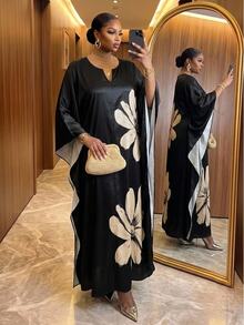 SHEIN Lady Plus Size Women's Floral Print Notched V-Neck Batwing Sleeve Elegant Dress Wedding Party Black Autumn Wedding Guest Dress Prom Dresses Halloween Fall - Black - View 5