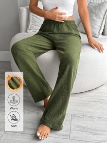 SHEIN Textured Waffle Knit Elastic Waist Sleep Pants For Winter - Green - View 5