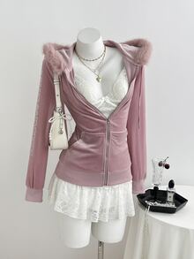 Elamini Vintage Y2K Velvet Fur Collar Hooded Rhinestone Embellished Waist-Cinching Slim Fit Long Sleeve Sweatshirt Jacket - Pink - View 7