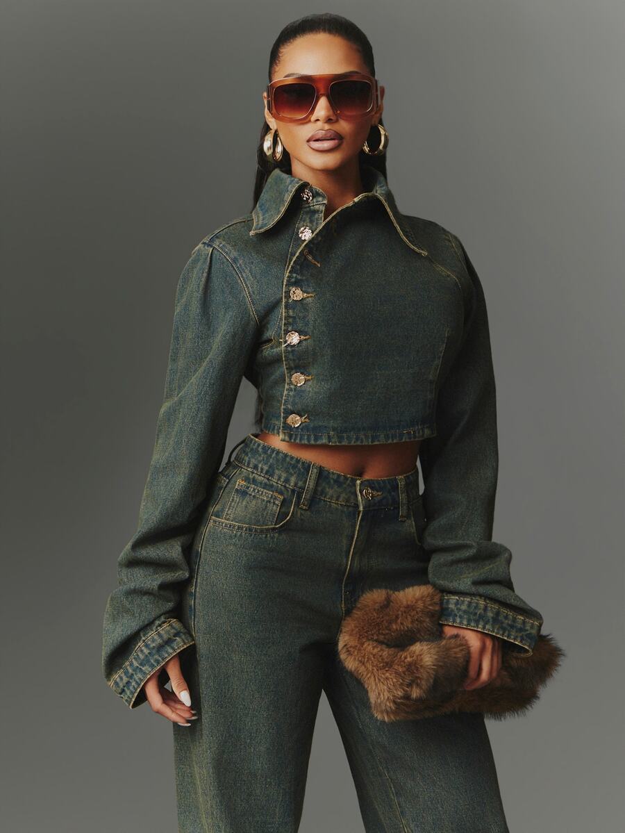 NYA SZN Denim Jacket Button Front Napoleon Tinted Long Sleeve Collared Streetwear Casual Everyday Party Concert Festival Dark Wash Chic Cute Fall Winter - Medium Wash - View 1