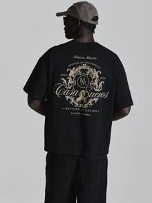 Oversized Drop Shoulder Tshirt "Maison Musero"Graphic Print Crew Neckline Autum Winter Essentials - Black - View 1