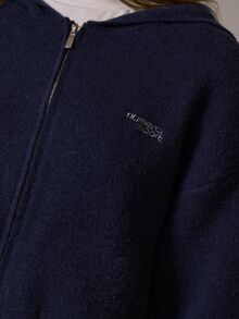 Musera Sport Logo Embroidered Zip Through Knitted Hooded Cropped Oversized Coord Sweatshirt Winter Fall Autumn Active Pilates Motion - Navy Blue - View 6
