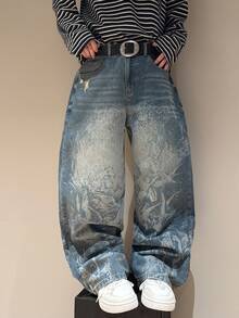 STEELVANCE Street Style Vintage Fashion Versatile Distressed Washed Cat Whisker Ripped Frayed Laser Print Design Loose Straight Leg Wide Leg Casual Everyday Plus Size Denim Jeans (Belt And Accessories Not Included) - Blue - View 3