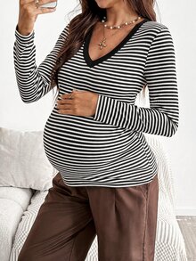 SHEIN 孕婦秋季休閒條紋修身長袖T恤 - 黑與白 - 查看 5