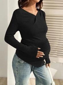 SHEIN Maternity Casual Solid Color Asymmetric Hem T-Shirt For Autumn - Black - View 4