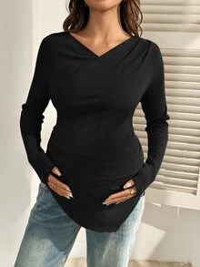 SHEIN Maternity Casual Solid Color Asymmetric Hem T-Shirt For Autumn - Black - View 3