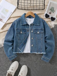 SHEIN TWEEN GIRLS 女童牛仔夾克，水洗磨損毛邊設計，時尚街頭風牛仔外套，淺色水洗短版夾克，百搭新風格 - 中等水洗藍 - 查看 7