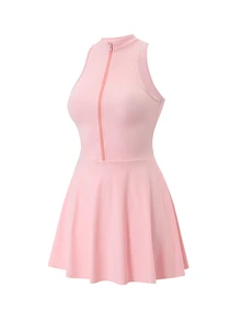 Dewbera Dewbera Solid Pink Stand Collar Full Front Zipper Sleeveless Cinched Waist A-Line Skirt Conservative Flattering Sportswear - Pink - View 5