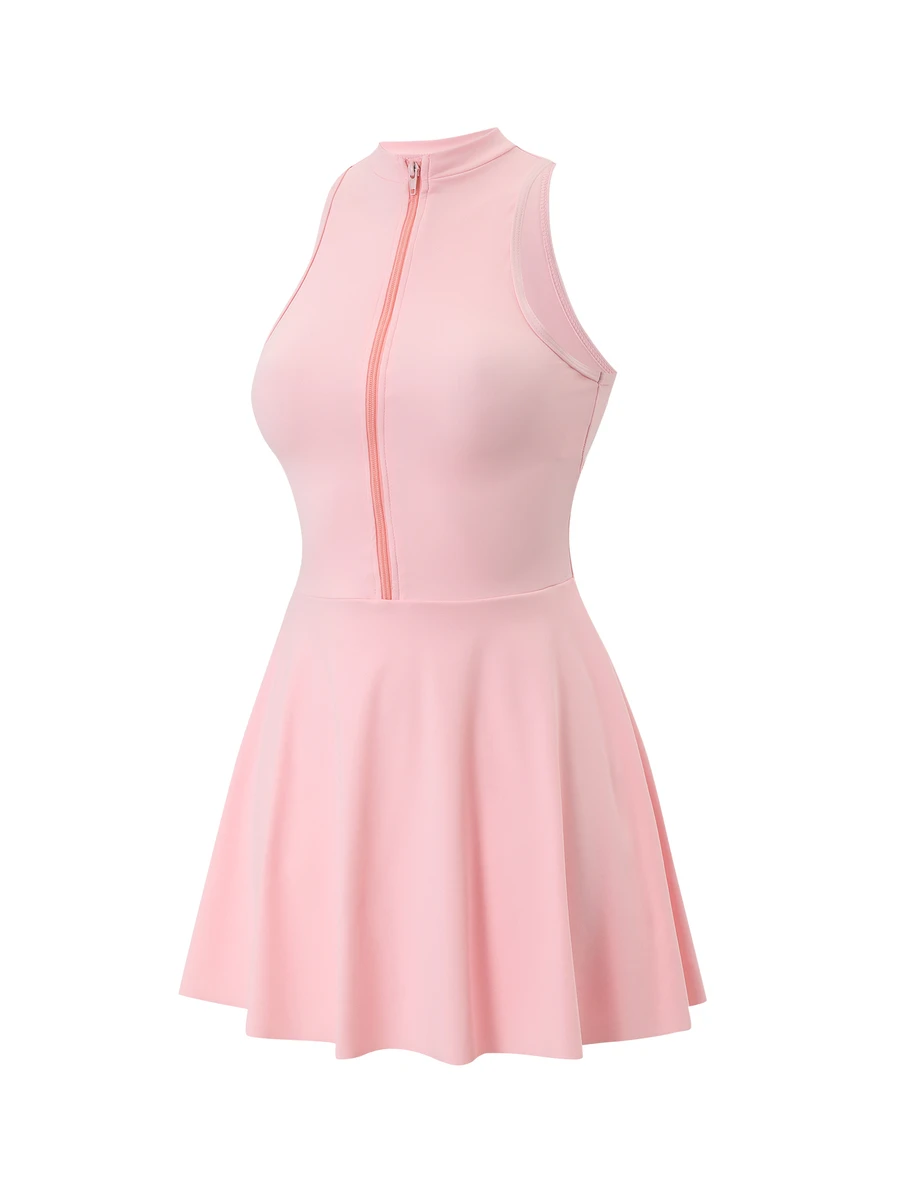 Dewbera Dewbera Solid Pink Stand Collar Full Front Zipper Sleeveless Cinched Waist A-Line Skirt Conservative Flattering Sportswear - Pink - View 1