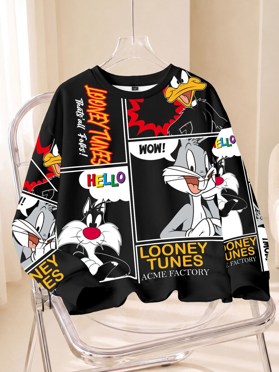 LOONEY TUNES X SHEIN 男士卡通圖案印花長袖套頭運動衫 - 白色 - 查看 1
