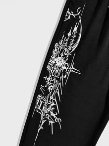 ROMWE MEN Plus Size Men's Gothic Pattern Drawstring Waist Pocket Casual Sweatpants - Black - View 4