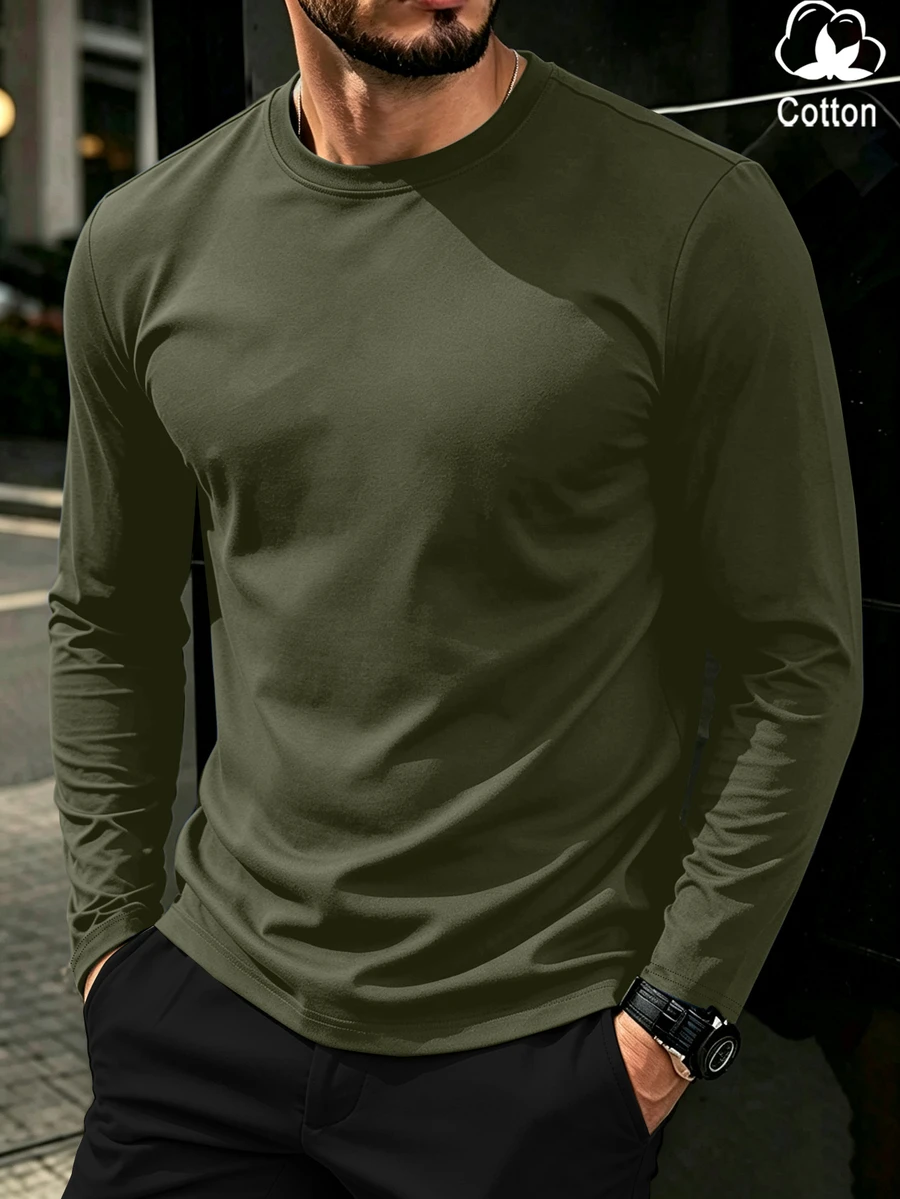 Manfinity Homme Men's Autumn Casual Versatile Solid Color Long Sleeve T-Shirt - Army Green - View 1