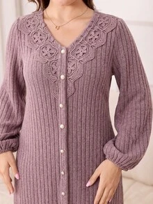 Lacomfia Đầm tay dài gân chải lông size lớn cho nữ, đầm thường ngày cho nữ - Bụi hồng - Xem 4