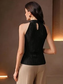 Anewsta Women's New French Style High-End Halter Neck Fashion Elegant 3D Floral Tank Top - Black - View 9