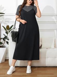Easowa Curve Set 2 Potong Kaos Bergaris dan Gaun Cami Ukuran Plus - MultiWarna - View 10