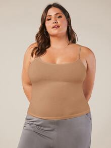 SHEIN BASICS 大尺碼純色細肩帶背心上衣 夏季女款穿搭上衣 - 卡其色 - 查看 7
