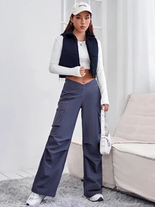 SHEIN PETITE 秋冬款拉鍊短版填充背心外套 - 藏蓝色 - 查看 6