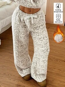 SHEIN EZwear Women's Leopard Print Coral Fleece Long Pants, Winter - Multicolor - View 1