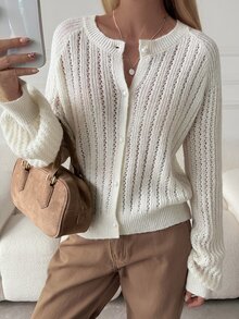 DAZY Solid Color Loose Hollow Long Sleeve Round Neck Casual French Vacation Korean Style Elegant Fall Knit Cardigan For Women Brunch Cream White - White - View 6