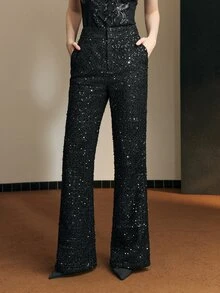 MOTF Tall WOMEN'S TALL AUTUMN/WINTER PARTY SEQUIN TWEED FLARE LEG SUIT PANTS - Black - View 7
