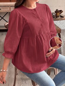 SHEIN 孕婦純色百褶休閒百搭日常穿著上衣 - 紅色 - 查看 4