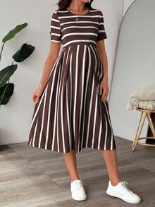 SHEIN Maternity Round Neck Striped Casual Daily Summer Dress - Coffee - View 1