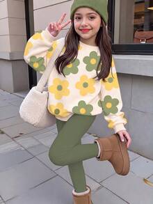 Kids Young Girl Casual Crew Neck Long Sleeve Sweatshirt & Leggings 2pcs Set, Suitable For Autumn/Winter - Multicolor - View 1