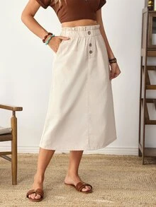 EMERY ROSE Women's Fashion Button Pocket Denim Skirt - Beige - View 14