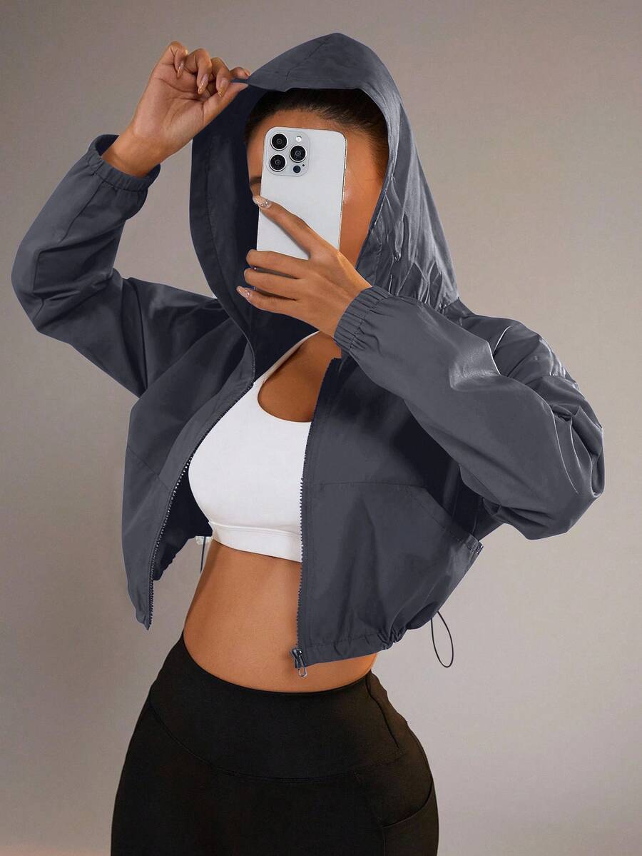 Dewbera Dewbera Women's Zipper Drawstring Hem Hooded Sports Jacket - Dark Grey - View 1