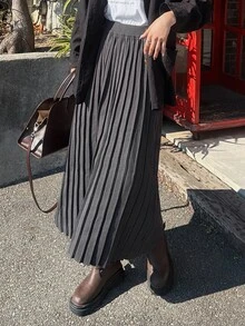 FRIFUL Women's Autumn Pleated Long Sweater Skirt - Dark Grey - View 1