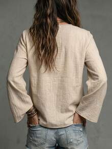 Trelyra Women's Casual Elegant Apricot Textured Small V-Neck Long Sleeve Blouse With Pleated Design, Loose Fit, Flattering, Versatile For Daily Wear And Commuting - Beige - View 3