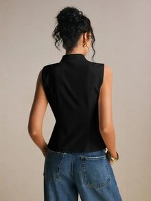 Poéselle Women's Elegant Button-Up Waist Vest For Business Office - Black - View 2